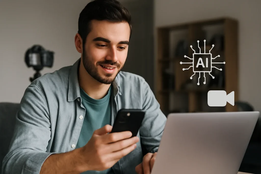 Jovem criando vídeos com inteligência artificial em 2025 usando celular e notebook