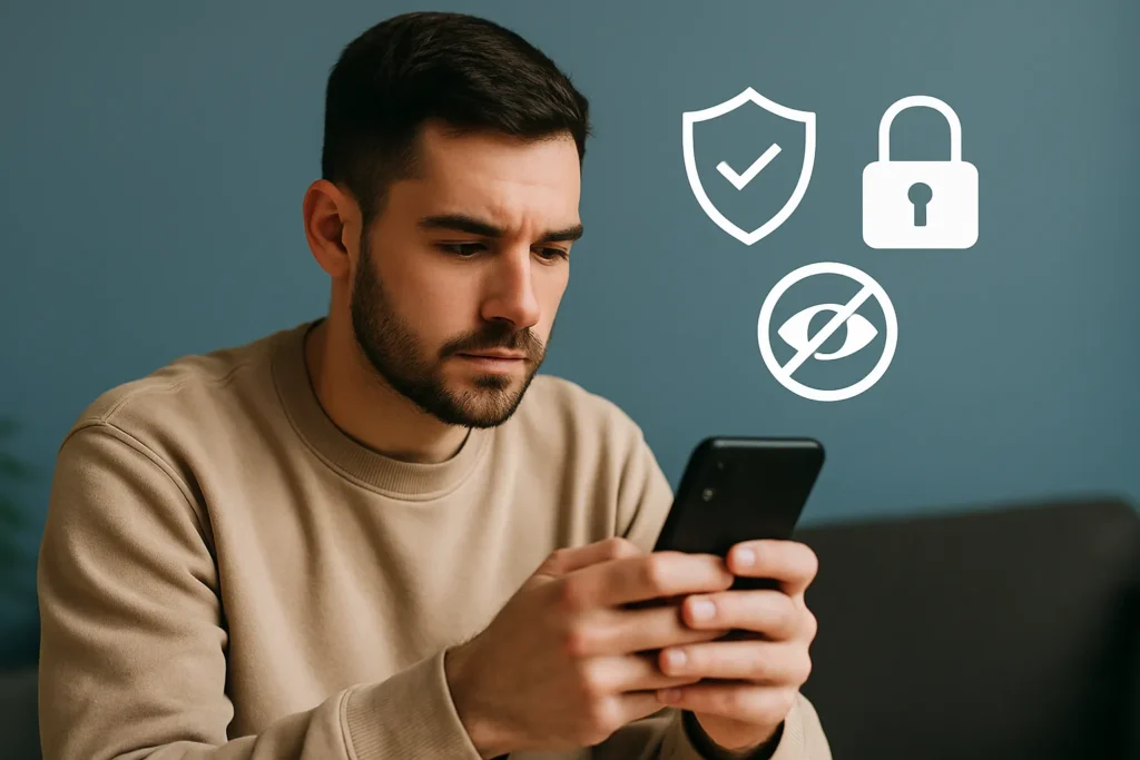 Homem jovem usando smartphone com ícones de privacidade, cadeado e proteção digital ao fundo