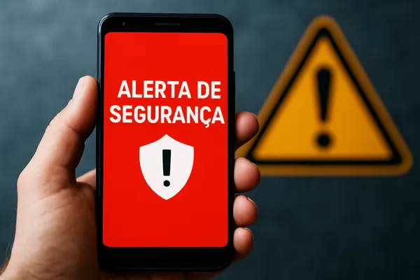 Mão segurando celular com tela vermelha exibindo “ALERTA DE SEGURANÇA” e ícone de escudo branco com ponto de exclamação