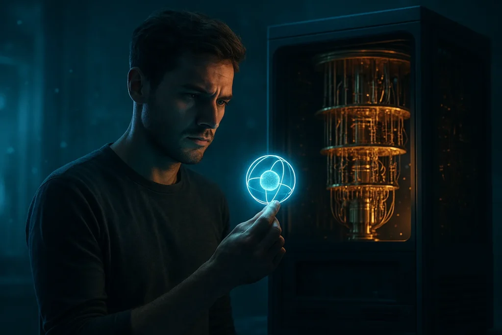 Homem segurando um qubit digital azul brilhante ao lado de um computador quântico dourado em ambiente escuro e futurista.