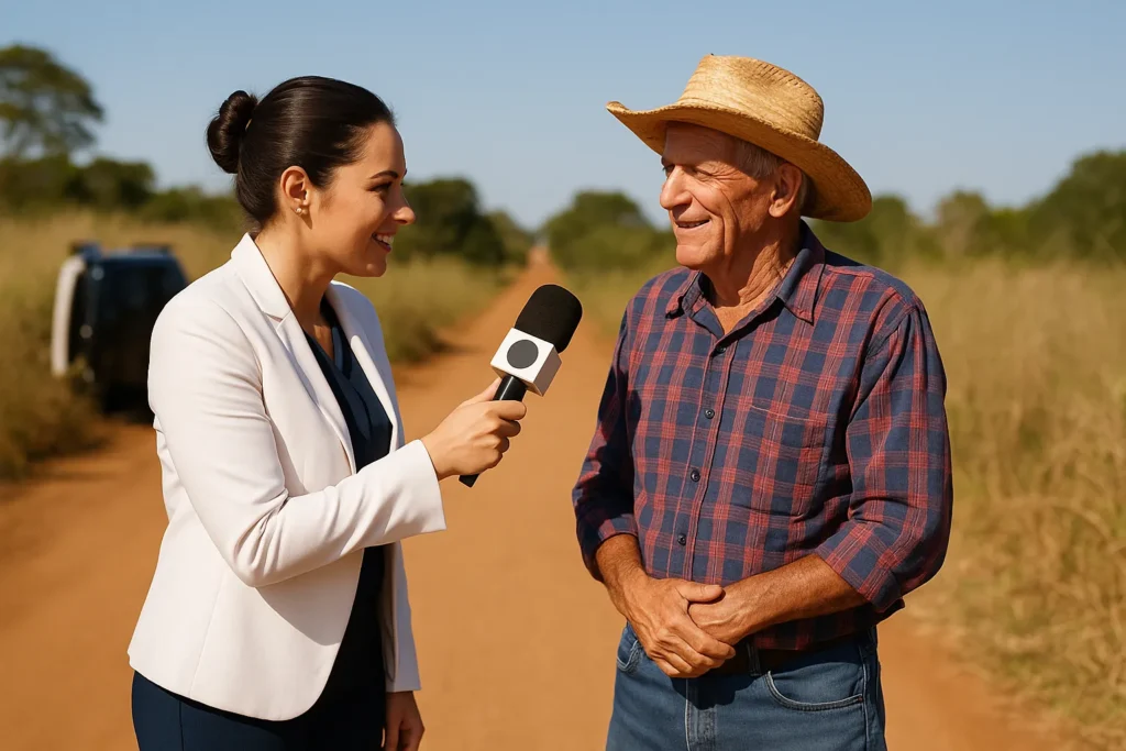 Repórter entrevistando homem simples em estrada de terra, representando vídeos virais estilo humor com inteligência artificial.