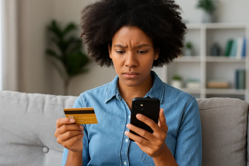 Pessoa segurando um cartão e um celular em ambiente iluminado, representando segurança financeira e proteção digital em 2025.