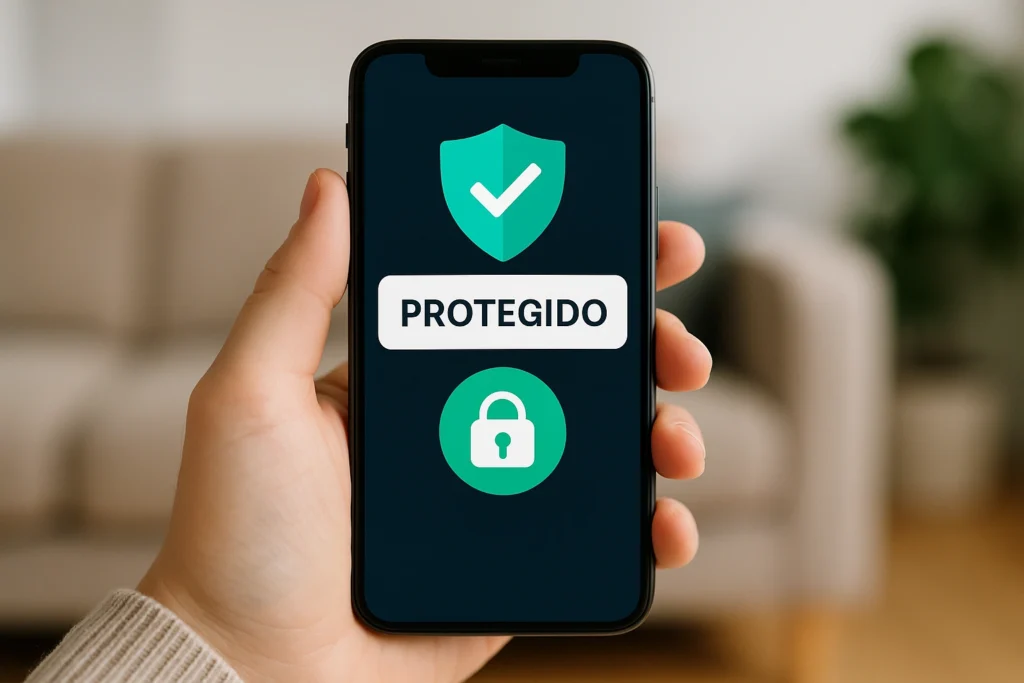 Pessoa segurando smartphone com aplicativo bancário protegido por Antivírus com Proteção Bancária, exibindo ícones de escudo e cadeado.
