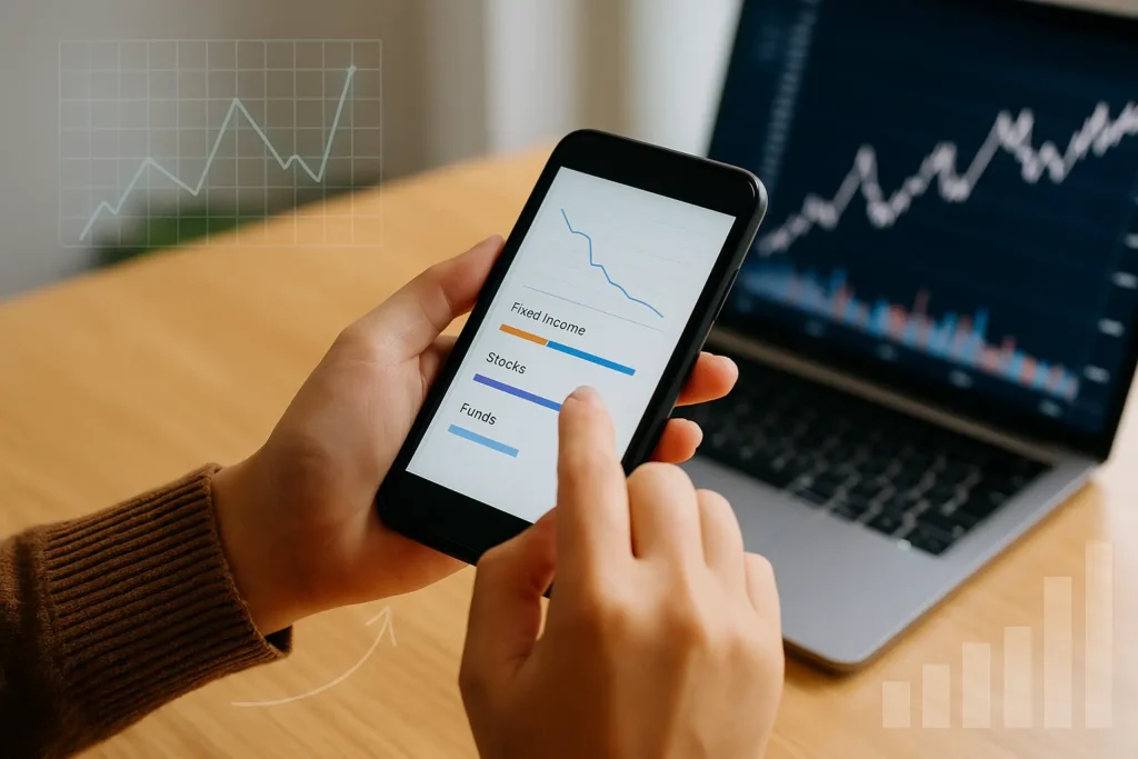Pessoa usando smartphone para acompanhar aplicativos de investimento em 2025, com gráficos financeiros na tela.