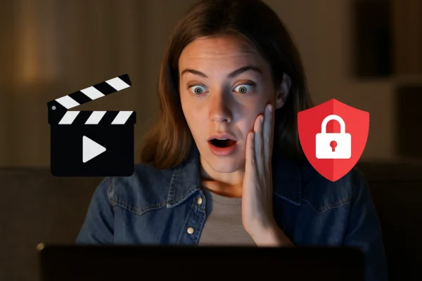 Mulher jovem surpresa olhando para laptop, com ícones de clapperboard e escudo de segurança digital, simbolizando filmes grátis com proteção de dados.
