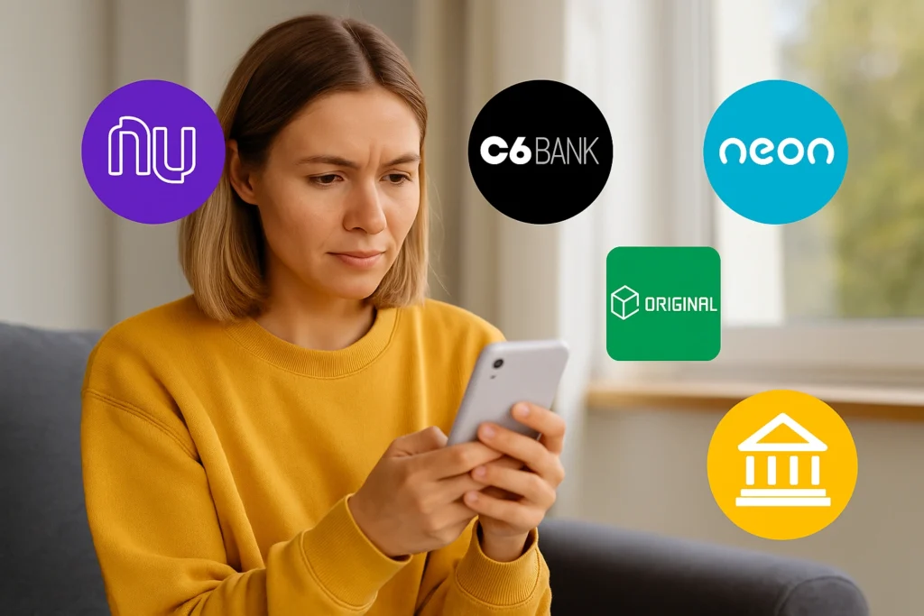 Pessoa sorrindo usando celular em ambiente moderno, com ícones de banco digital, cartão e dinheiro representando serviços financeiros online.