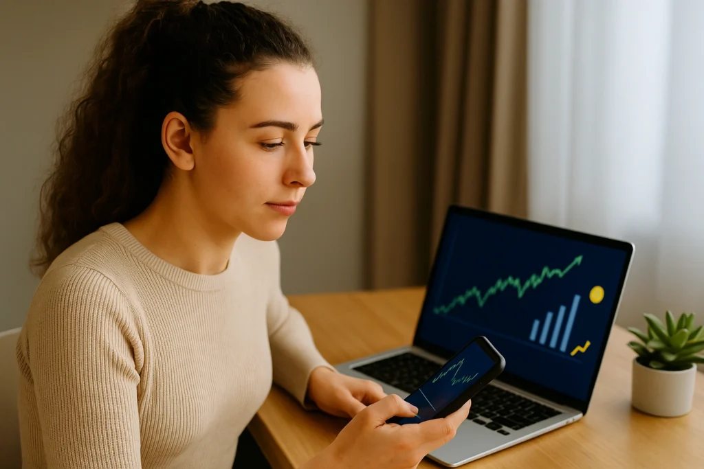 Mulher usando notebook para analisar corretoras de investimentos em 2025, com gráficos e ícones de finanças representando investimentos digitais.