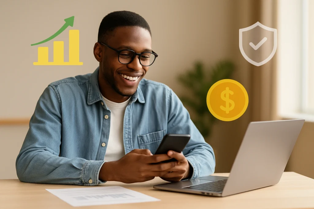 Pessoa usando notebook para investir no Tesouro Direto em 2025, com gráficos financeiros e ícones de segurança representando aplicações online.