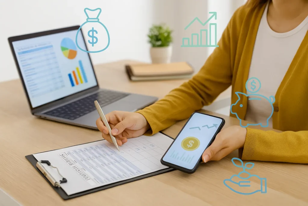 Pessoa organizando orçamento com planilha e aplicativos de planejamento financeiro em 2025.