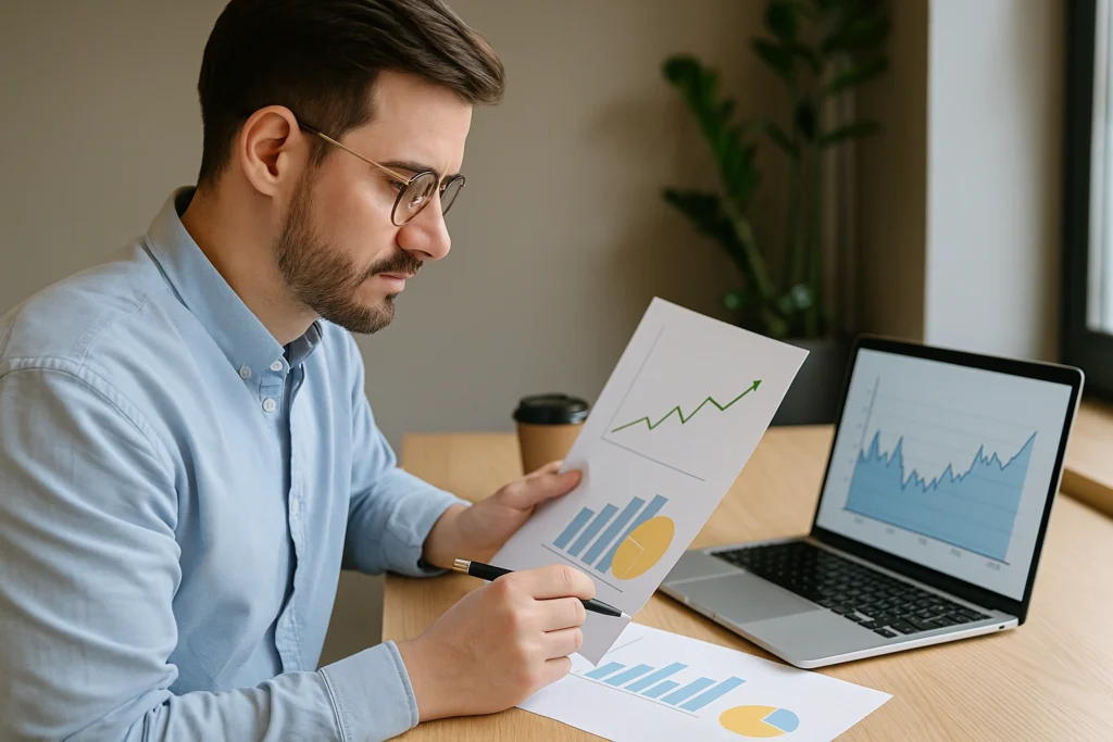 Investidor usando notebook para decidir entre renda fixa ou variável em 2025, com gráficos financeiros representando segurança e crescimento.