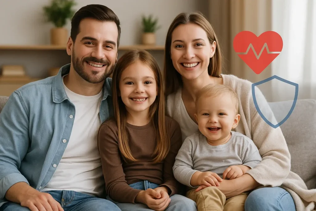 Família sorrindo em casa, representando segurança e bem-estar garantidos por um seguro de vida e saúde em 2025.