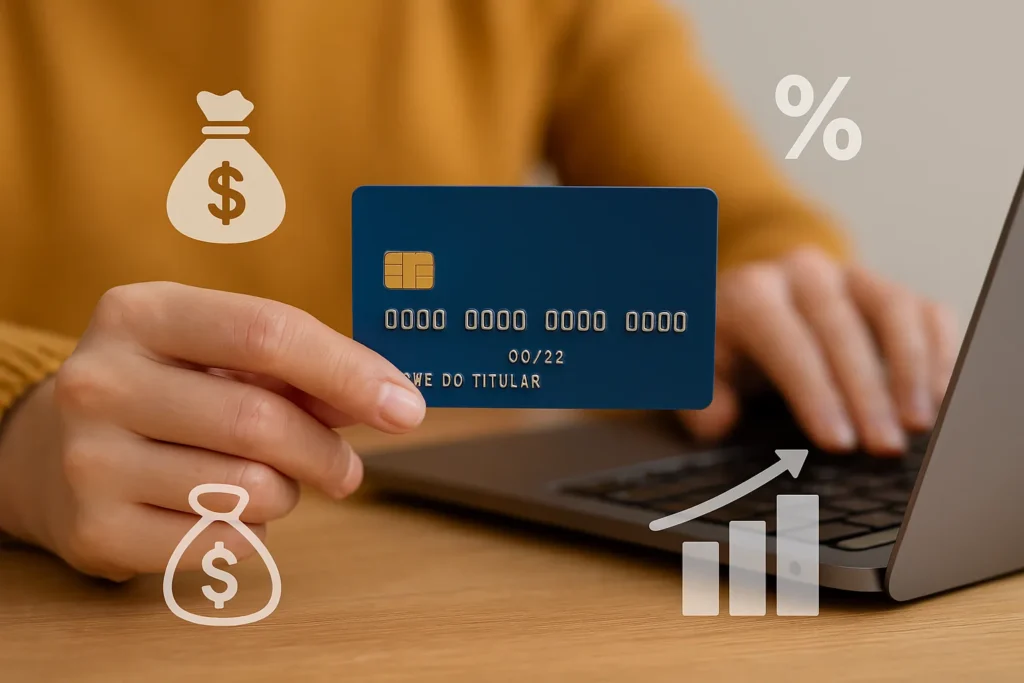 Pessoa segurando cartão de crédito azul em frente ao notebook, representando cartões de crédito sem anuidade.