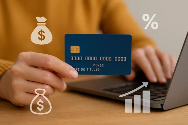 Pessoa segurando cartão de crédito azul em frente ao notebook, representando cartões de crédito sem anuidade.