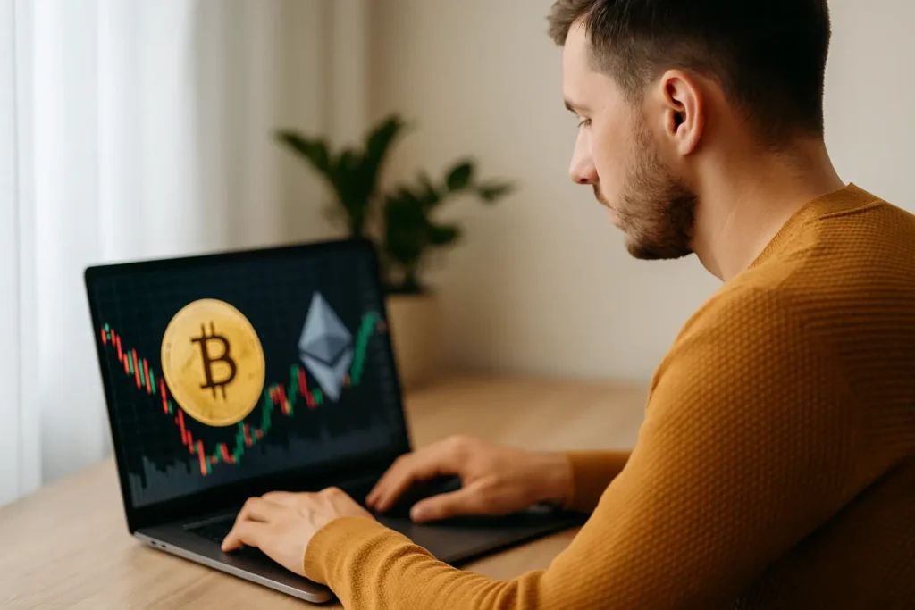 Investidor analisando gráficos digitais representando criptomoedas como Bitcoin e Ethereum em 2025.