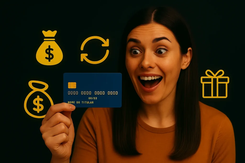Mulher segurando um cartão de crédito azul com ícones de dinheiro e cashback ao redor, representando benefícios de cartões de crédito com mais cashback.