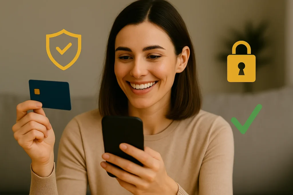 Mulher jovem sorrindo enquanto segura cartão digital, representando segurança ao comprar online com cartões virtuais e pré-pagos