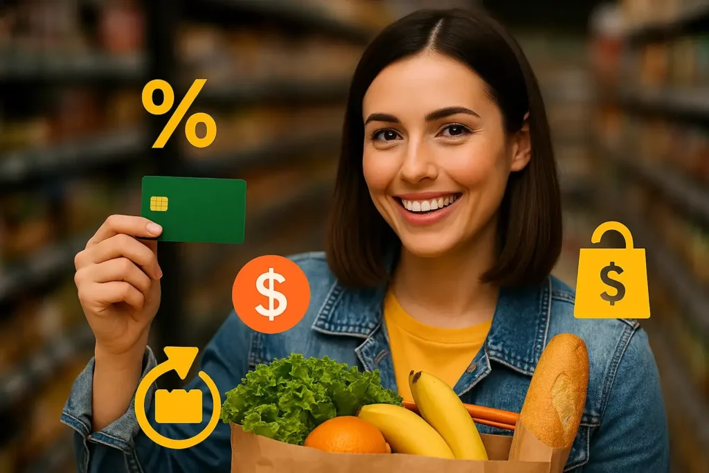 Mulher feliz segurando cartão de crédito e sacola de compras em supermercado com ícones de cashback, economia e benefícios financeiros.