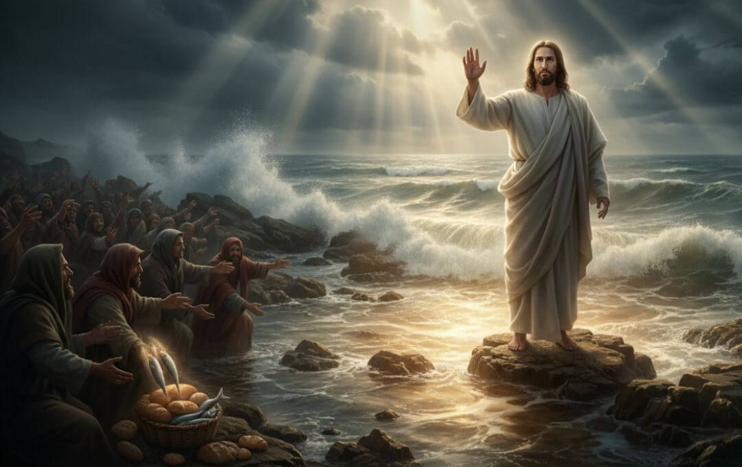 A imagem apresenta uma representação altamente realista e cinematográfica de Jesus em um cenário épico e dramático. Ele aparece em um plano de ângulo aberto (wide-angle), posicionado à frente de um mar revolto com ondas gigantescas e agitadas que se erguem ao fundo sob um céu tempestuoso e carregado. Jesus tem uma expressão de autoridade serena e compassiva, com cabelos e barbas castanhos detalhados e vestes de tecido rústico em tons de bege e marrom que sugerem movimento pelo vento. Ele estende uma das mãos em direção à câmera em um gesto de acolhimento e poder, enquanto a iluminação divina foca em seu rosto, criando um contraste marcante com a escuridão da tempestade ao redor. A qualidade da imagem é hiper-detalhada, capturando texturas de pele, tecido e a espuma das águas com precisão fotográfica, transmitindo uma sensação de milagre e intervenção divina.